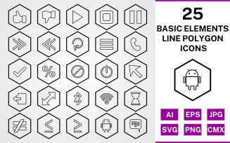 25 Basic Elements Line Polygon Icon Set