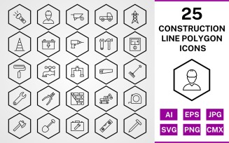 25 Construction Line Polygon Icon Set