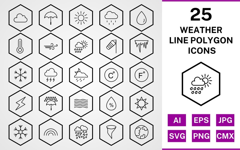 25 Weather Line Polygon Icon Set