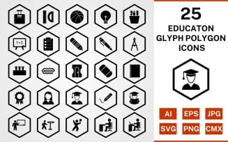 25 Education Glyph Polygon Icon Set