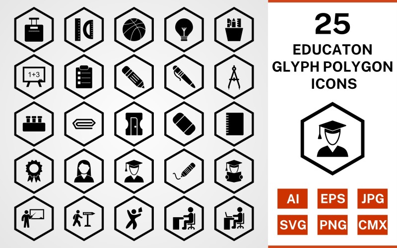 25 Education Glyph Polygon Icon Set