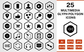 25 Multimedia Glyph Polygon Icon Set