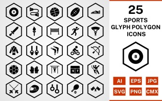 25 Sports And Games Glyph Polygon Icon Set