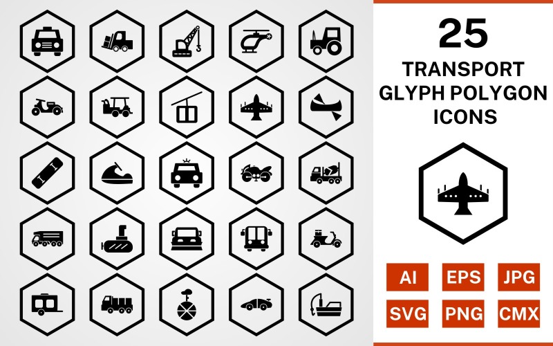 25 Transport Glyph Polygon Icon Set