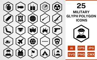 25 Military Glyph Polygon Icon Set