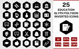 25 Education Glyph Polygon Inverted Icon Set