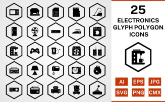 25 Electronic Devices Glyph Polygon Icon Set