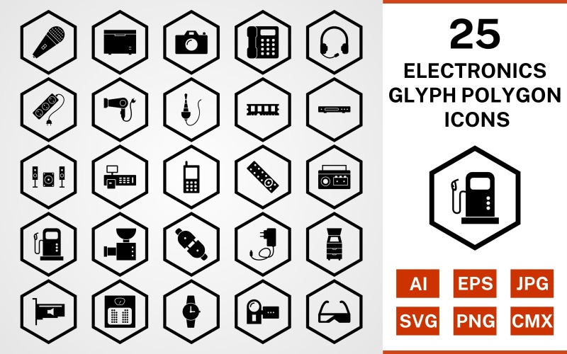 25 Electronic Devices Glyph Polygon Icon Set