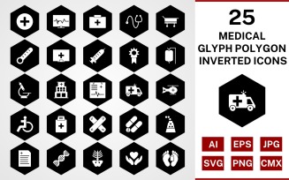 25 Medical Glyph Polygon Inverted Icon Set