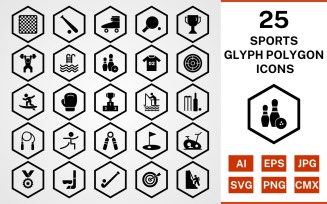 25 Sports And Games Glyph Polygon Icon Set