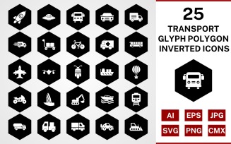 25 Transport Glyph Polygon Inverted Icon Set