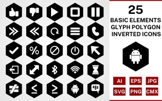 25 Basic Elements Glyph Polygon Inverted Icon Set