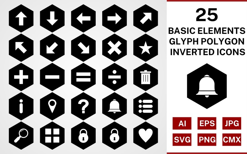 25 Basic Elements Glyph Polygon Inverted Icon Set