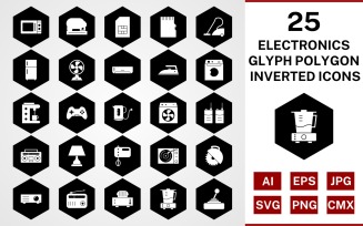 25 Electronic Devices Glyph Polygon Inverted Icon Set