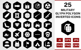 25 Military Glyph Polygon Inverted Icon Set