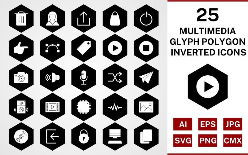 25 Multimedia Glyph Polygon Inverted Icon Set