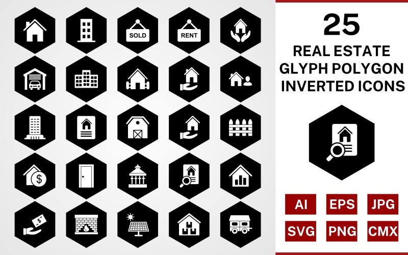 25 Real Estate Glyph Polygon Inverted Icon Set