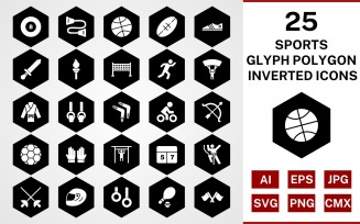 25 Sports And Games Glyph Polygon Inverted Icon Set