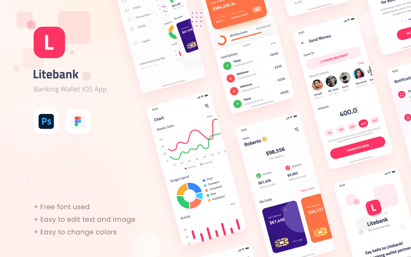 Litebank - Banking Wallet iOS App Design UI Figma PSD Template UI Element