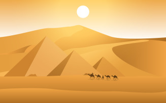 Camel Caravan Crossing Egypt Pyramid Desert Arabian Landscape - Illustration