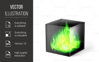 Cube with Fire Flames - Vector Image