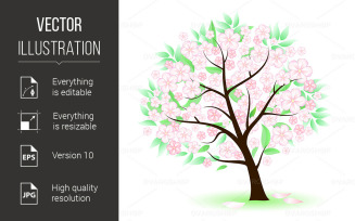 Stylized Tree with Leafs and Flowers - Vector Image