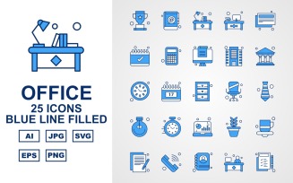 25 Premium Office Blue Line Filled Pack Icon Set