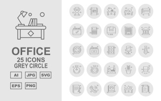 25 Premium Office Gray Circle Pack Icon Set