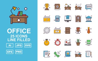 25 Premium Office Line Filled Pack Icon Set