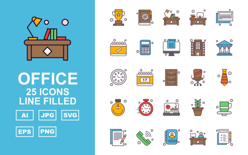 25 Premium Office Line Filled Pack Icon Set
