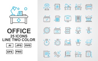 25 Premium Office Line Two Color Pack Icon Set