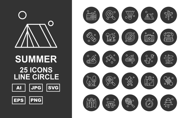 25 Premium Summer Line Circle Icon Pack Set Icon Set