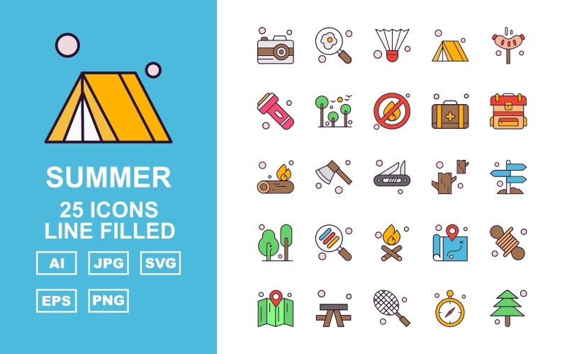 25 Premium Summer Line Filled Pack Icon Set