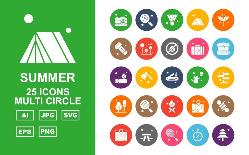 25 Premium Summer Multi Circle Icon Pack Set Icon Set