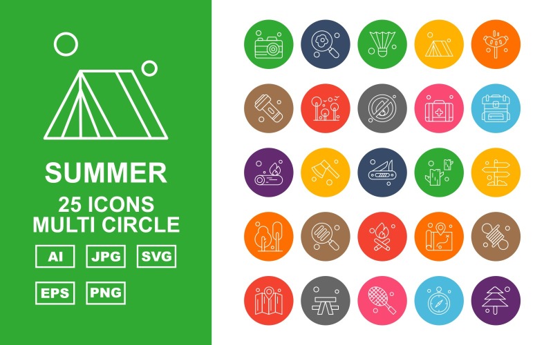 25 Premium Summer Multi Circle Icon Pack Set Icon Set