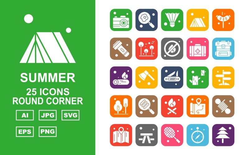 25 Premium Summer Round Corner Icon Pack Set Icon Set