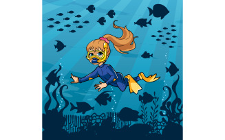 Diver Girl Undersea - Illustration