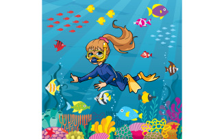 Diver Girl Undersea - Illustration