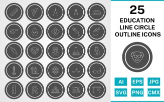 25 Education Glyph Circle Outline Icon Set