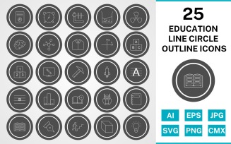 25 Education Glyph Circle Outline Icon Set