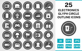 25 Electronic Devices Glyph Circle Outline Icon Set