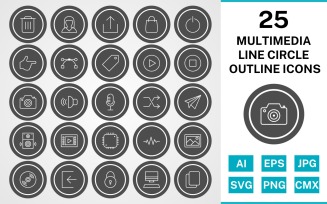 25 Multimedia Line Circle Outline Icon Set