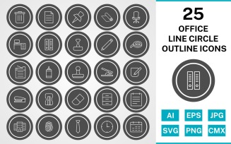 25 Office Glyph Circle Outline Icon Set