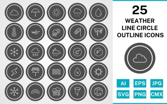 25 Weather Line Circle Outline Icon Set