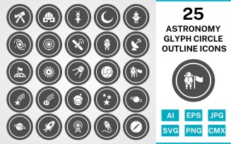 25 Astronomy Glyph Circle Outline Icon Set