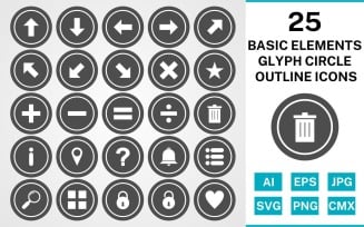 25 Basic Elements Glyph Circle Outline Icon Set