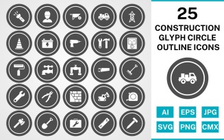 25 Construction Glyph Circle Outline Icon Set