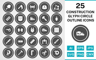 25 Construction Glyph Circle Outline Icon Set