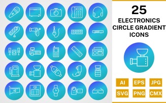 25 Electronic Devices Circle Gradient Icon Set