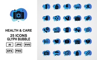 25 Premium Health And Care Glyph Bubble Pack Icon Set